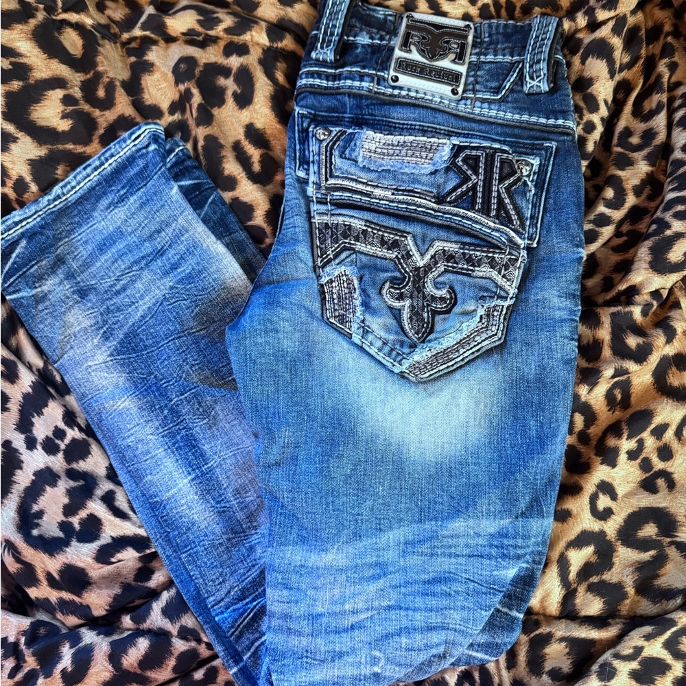 Rock Revival Blue Straight Jeans with Embroidered Pockets